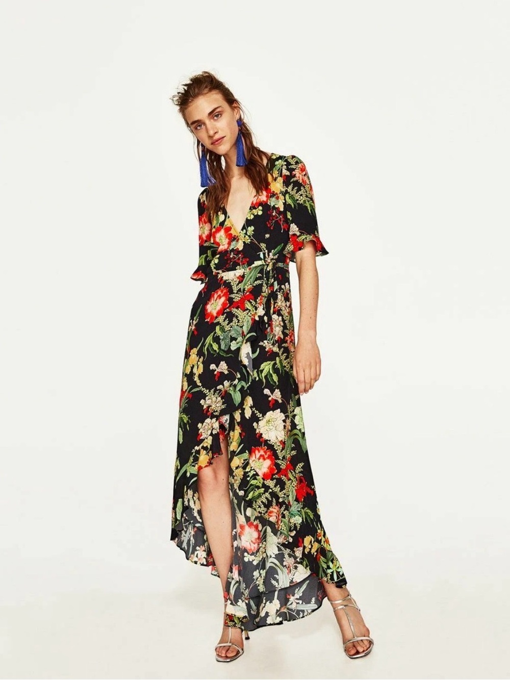 Zara Long Ruffled Wrap Dress – Black, Red & Green Floral, Size S SPANISH VIBES
